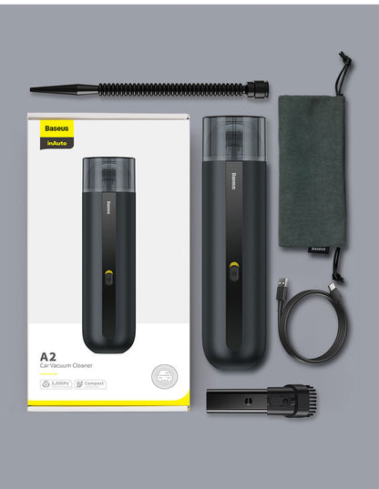 Aspiradora portátil inalámbrica Baseus 5000Pa en color negro con accesorios incluidos, diseñada para limpieza de coches, hogar y oficina.