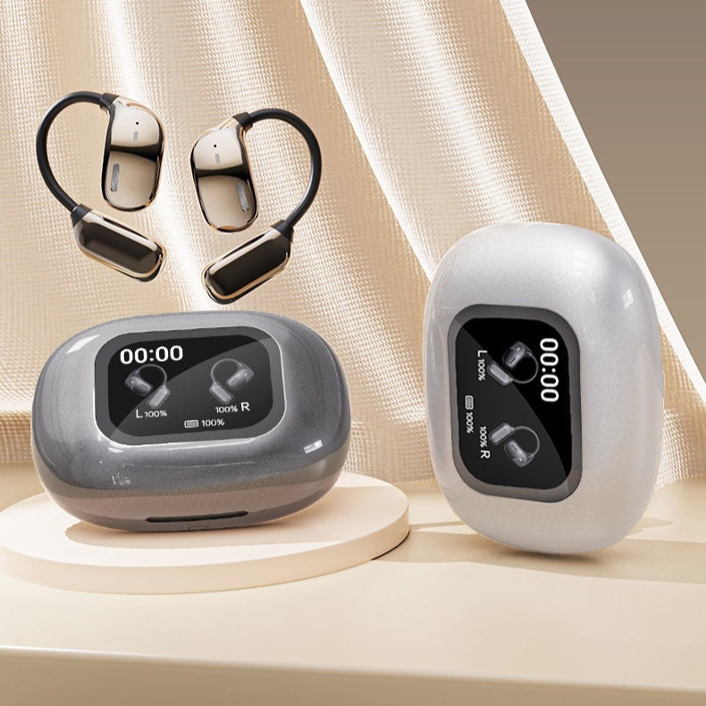 Auriculares deportivos inalámbricos con diseño ergonómico de gancho, pantalla táctil a color y estuche de carga con indicador LED.