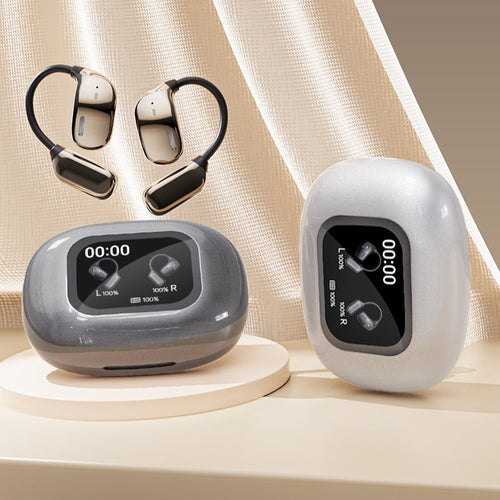 Auriculares deportivos inalámbricos con diseño ergonómico de gancho, pantalla táctil a color y estuche de carga con indicador LED.