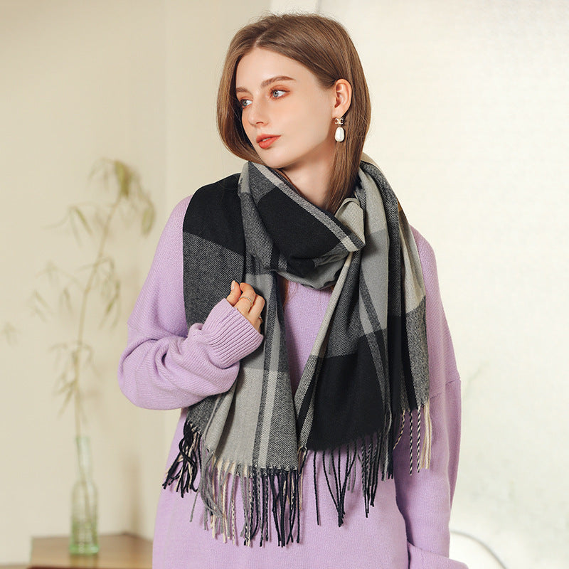 Bufanda de invierno para mujer de imitación cashmere con textura gruesa, diseño largo con flecos y tejido suave para mantener el calor.