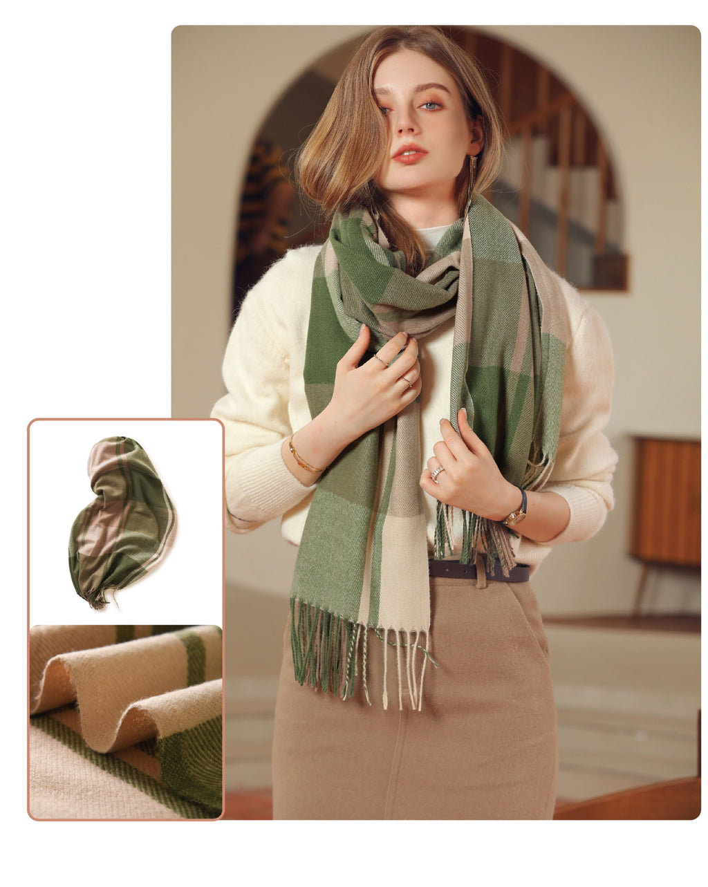 Bufanda de invierno para mujer de imitación cashmere con textura gruesa, diseño largo con flecos y tejido suave para mantener el calor.
