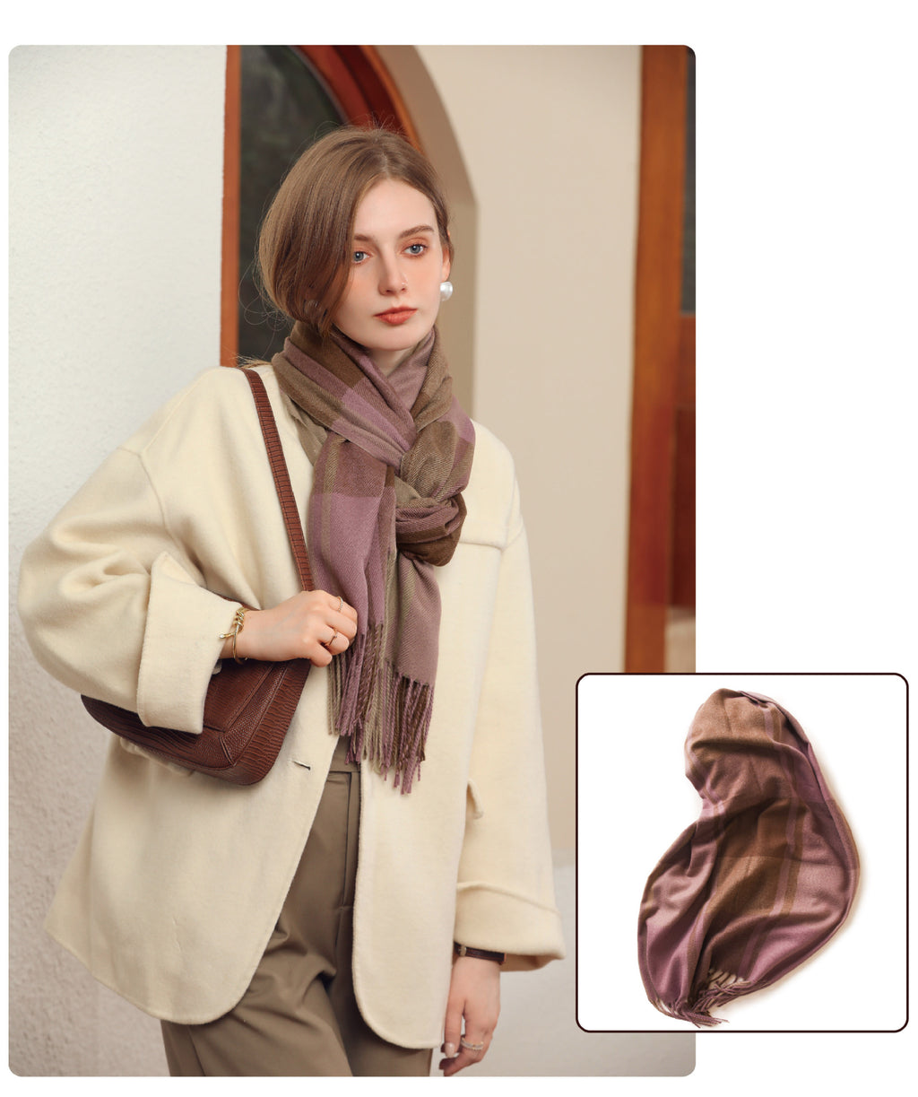 Bufanda de invierno para mujer de imitación cashmere con textura gruesa, diseño largo con flecos y tejido suave para mantener el calor.