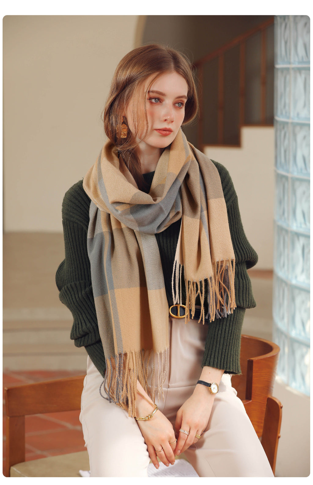 Bufanda de invierno para mujer de imitación cashmere con textura gruesa, diseño largo con flecos y tejido suave para mantener el calor.