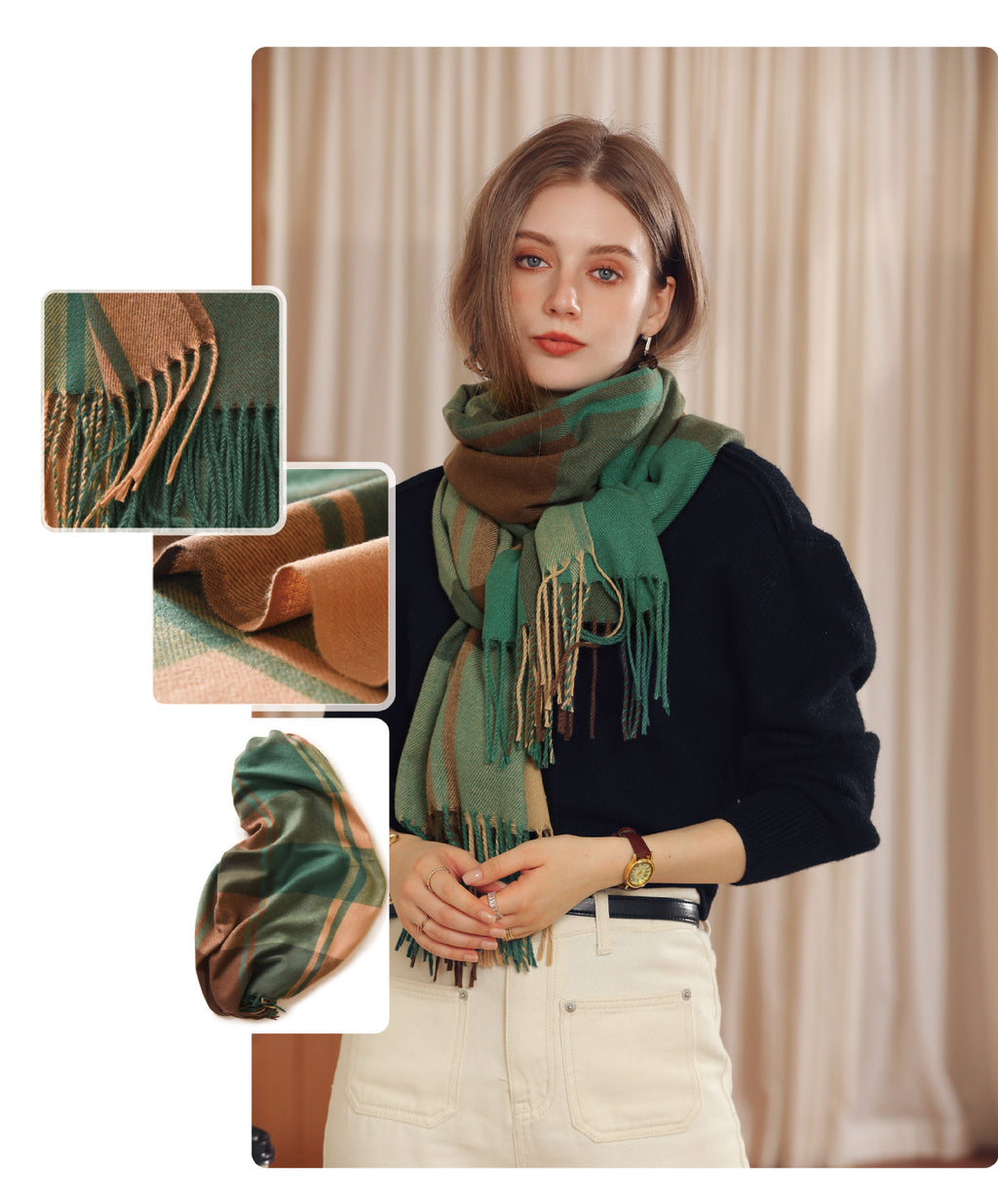 Bufanda de invierno para mujer de imitación cashmere con textura gruesa, diseño largo con flecos y tejido suave para mantener el calor.