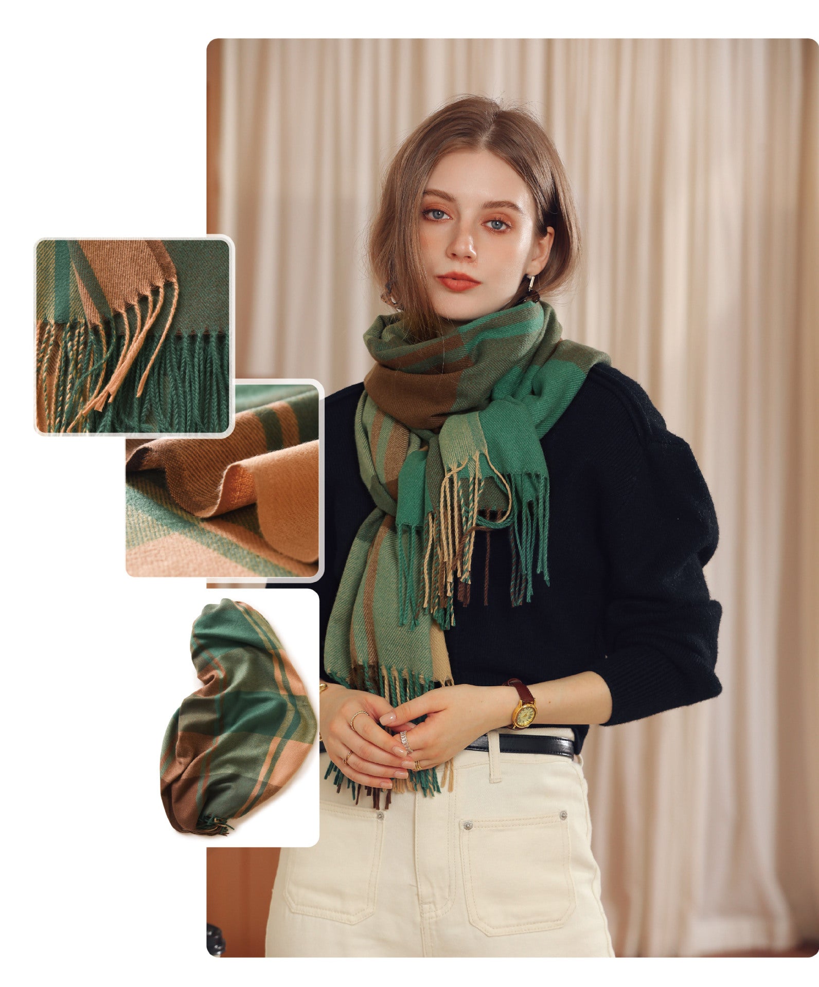 Bufanda de invierno para mujer de imitación cashmere con textura gruesa, diseño largo con flecos y tejido suave para mantener el calor.
