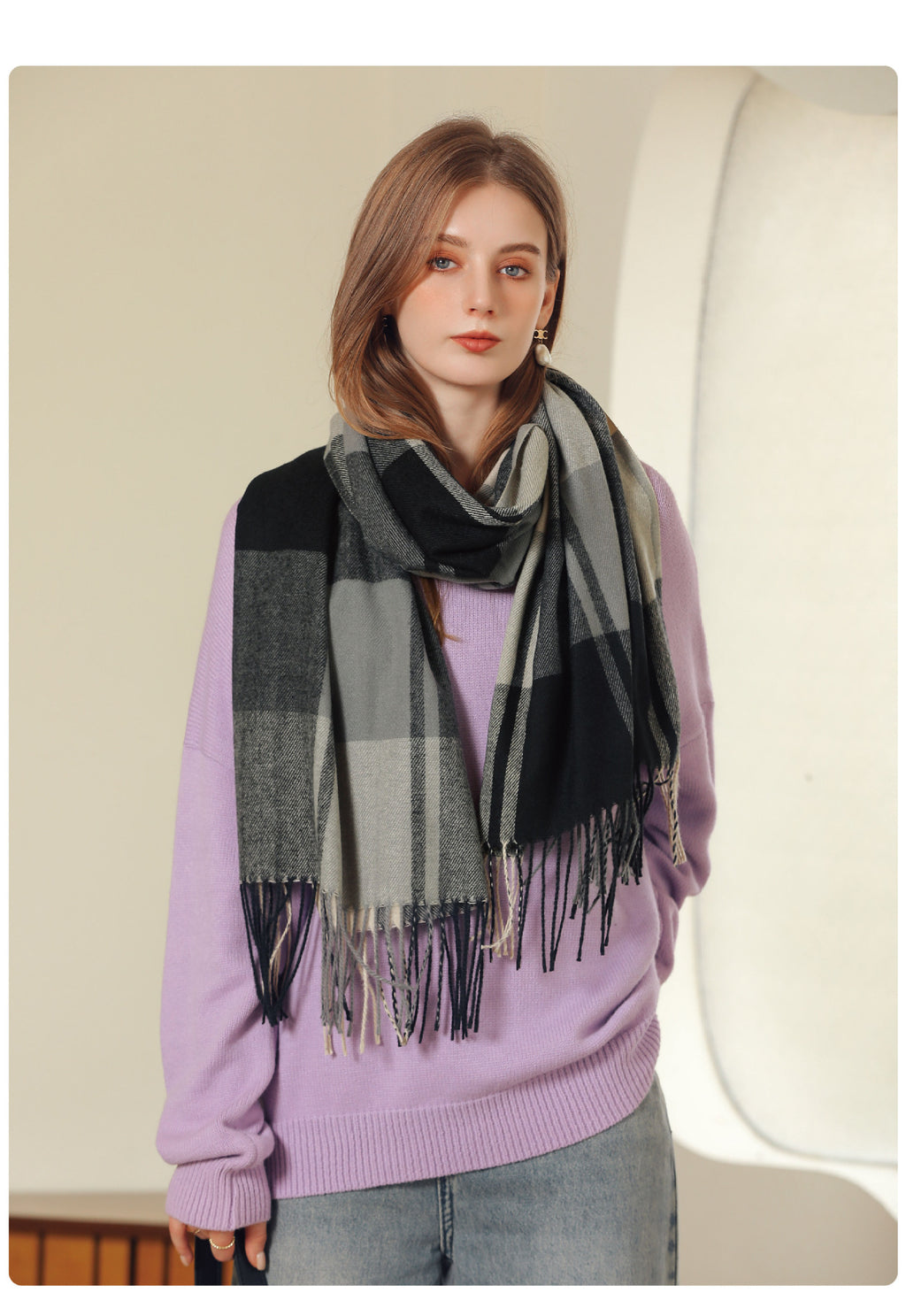 Bufanda de invierno para mujer de imitación cashmere con textura gruesa, diseño largo con flecos y tejido suave para mantener el calor.