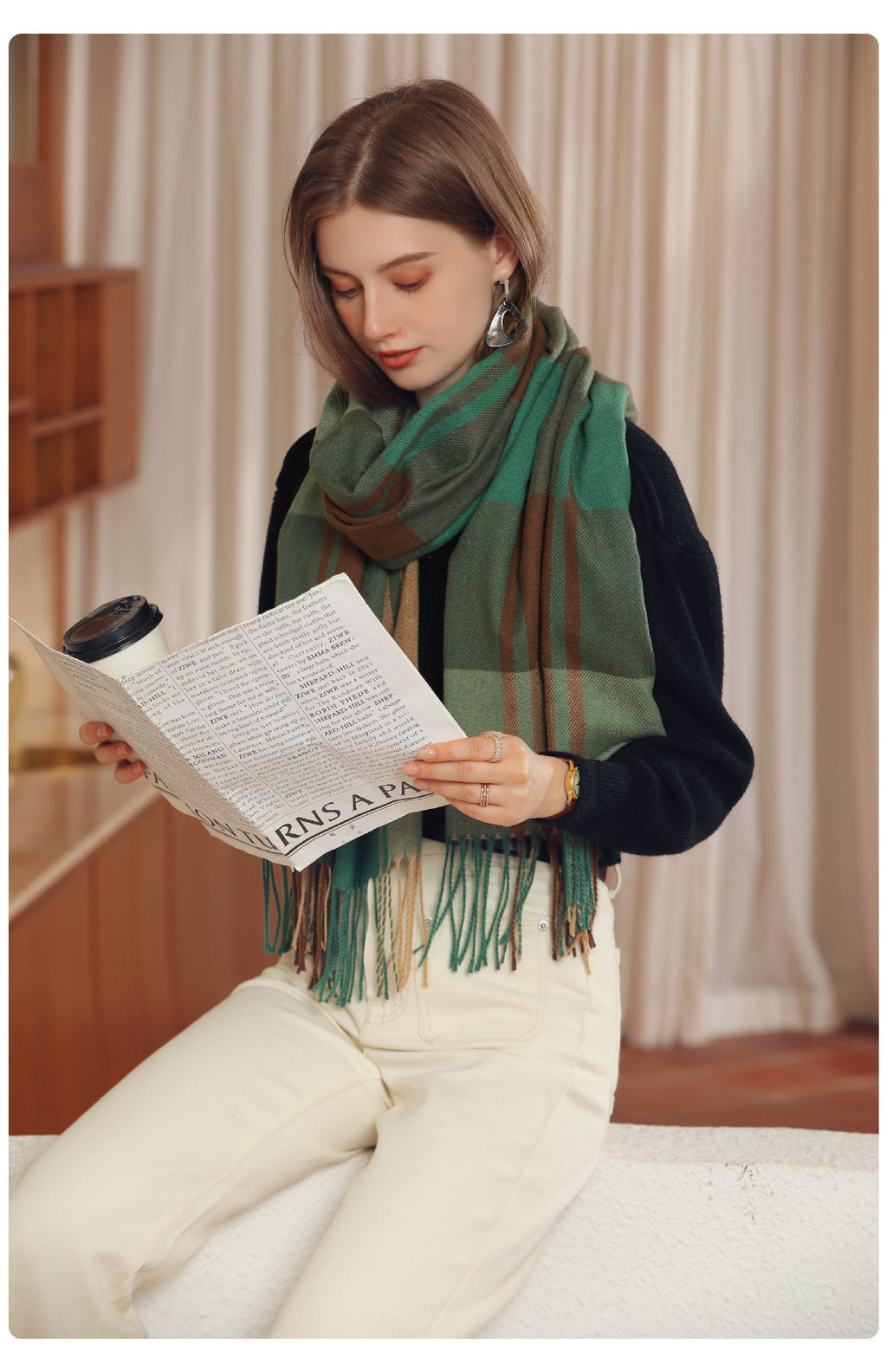 Bufanda de invierno para mujer de imitación cashmere con textura gruesa, diseño largo con flecos y tejido suave para mantener el calor.