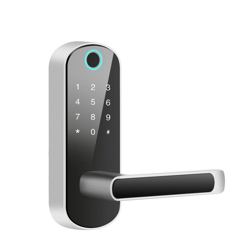 Cerradura inteligente biométrica con huella digital y Bluetooth, aleación metálica resistente y apertura rápida para puertas de hogar y oficina.
