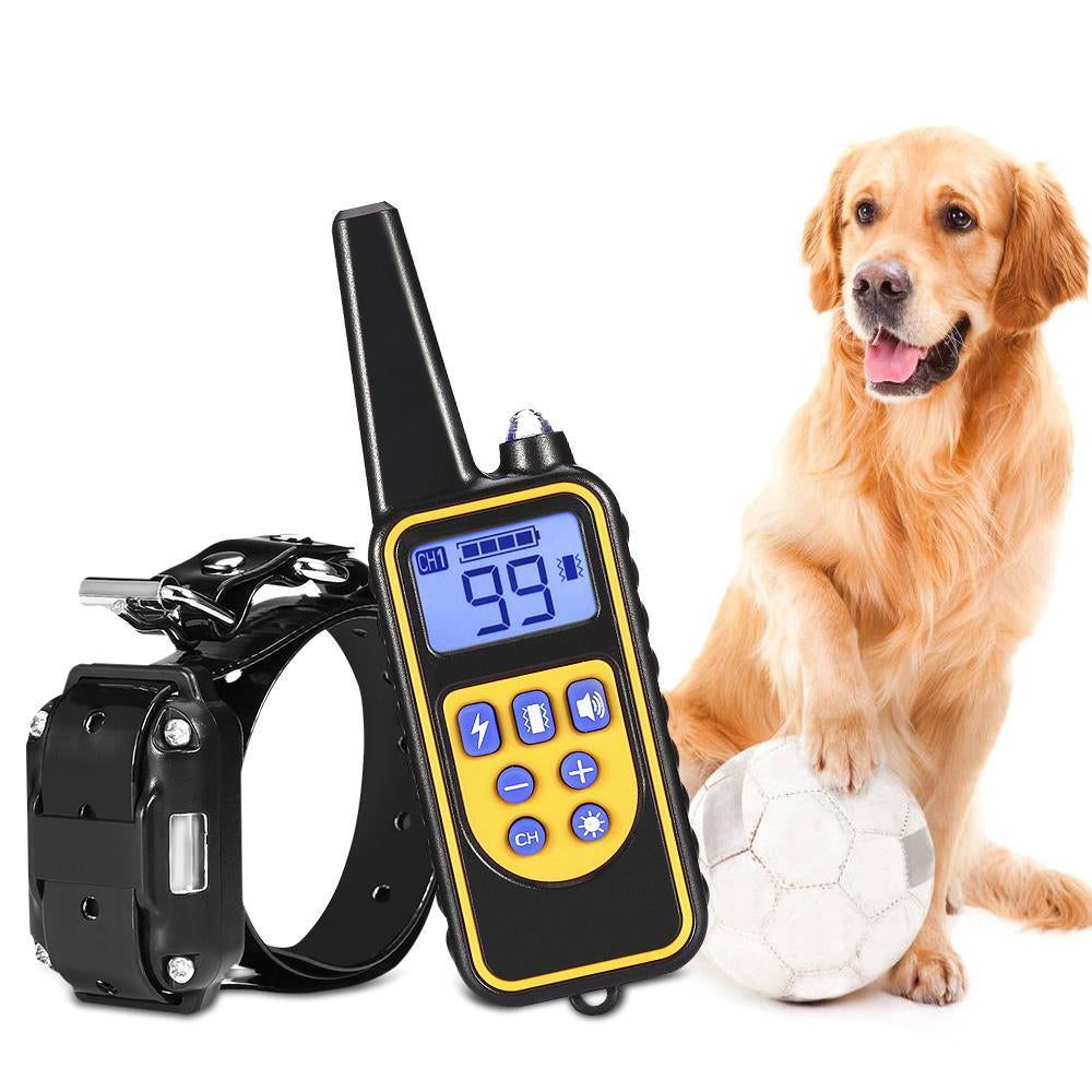 Collar de adiestramiento para perros con control remoto, modos de sonido, vibración y estímulo estático, impermeable IP67 y alcance de 800 metros.