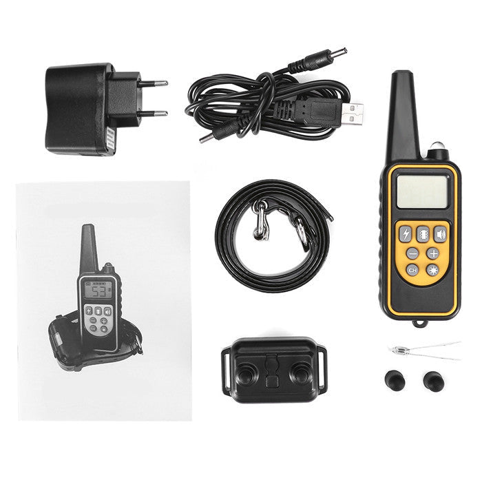 Collar de adiestramiento para perros con control remoto, modos de sonido, vibración y estímulo estático, impermeable IP67 y alcance de 800 metros.