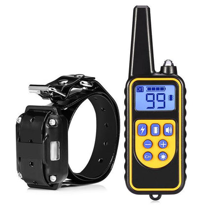 Collar de adiestramiento para perros con control remoto, modos de sonido, vibración y estímulo estático, impermeable IP67 y alcance de 800 metros.