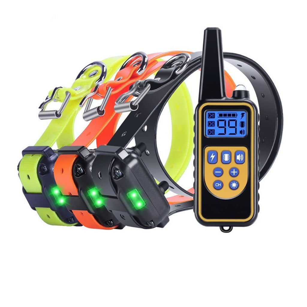 Collar de adiestramiento para perros con control remoto, modos de sonido, vibración y estímulo estático, impermeable IP67 y alcance de 800 metros.
