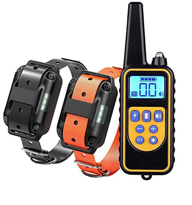 Collar de adiestramiento para perros con control remoto, modos de sonido, vibración y estímulo estático, impermeable IP67 y alcance de 800 metros.