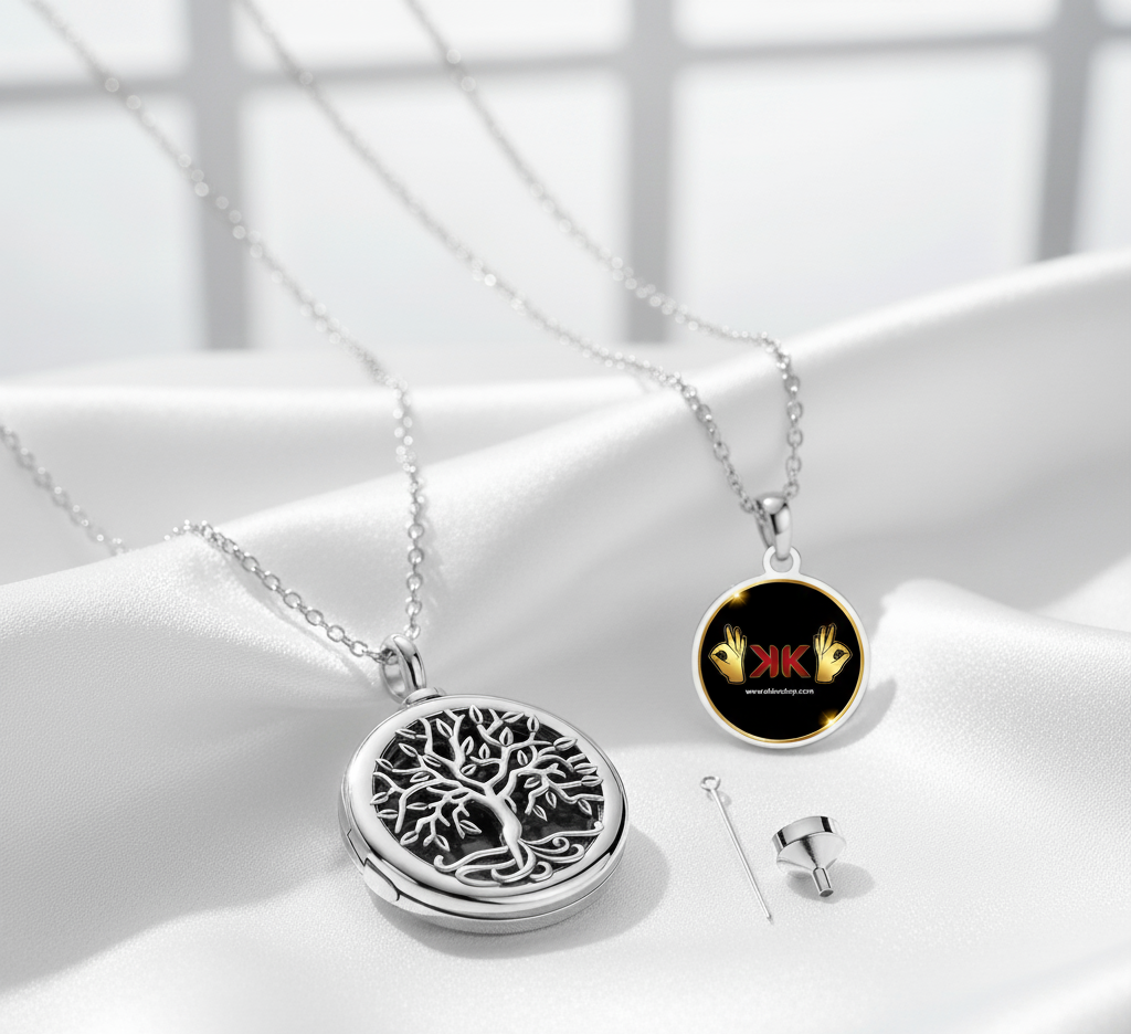 Collar relicario de plata 925 con diseño Árbol de la Vida, colgante con urna interior para cenizas y cadena ajustable de 45+5 cm.