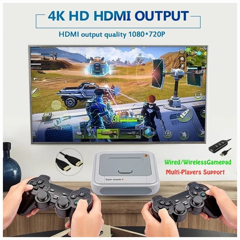 Consola arcade inalámbrica retro con emulador multiconsola, más de 50.000 juegos preinstalados, salida HDMI 4K Full HD, conectividad WiFi/red y dos mandos inalámbricos 2.4G.