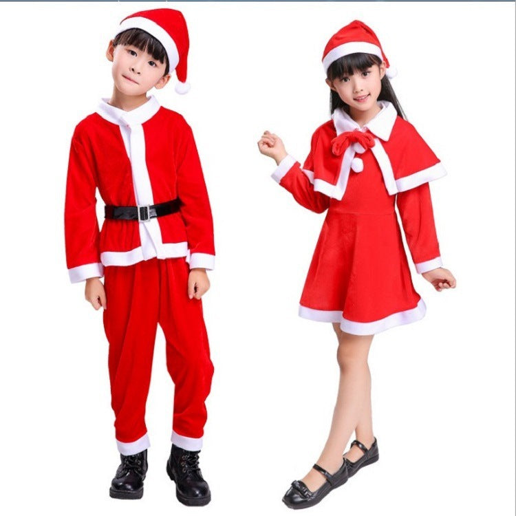 Disfraz navideño infantil de terciopelo dorado con detalles de algodón y cuero para fiestas y eventos escolares