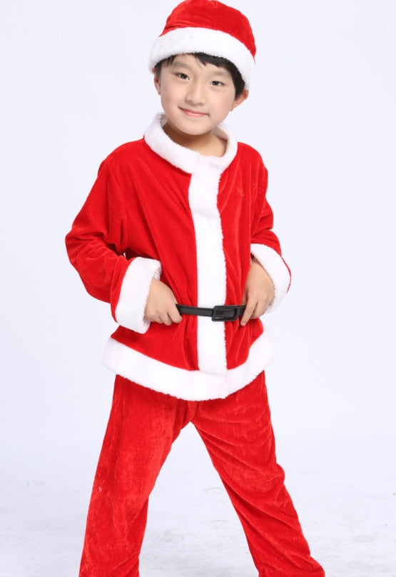 Disfraz navideño infantil de terciopelo dorado con detalles de algodón y cuero para fiestas y eventos escolares