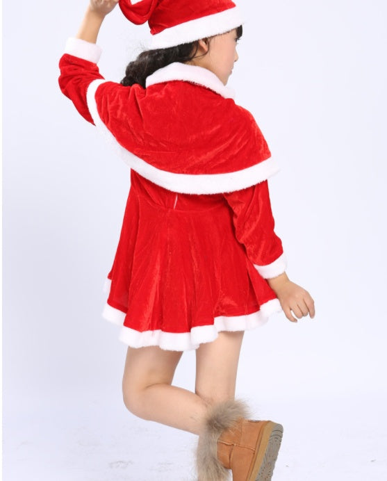 Disfraz navideño infantil de terciopelo dorado con detalles de algodón y cuero para fiestas y eventos escolares