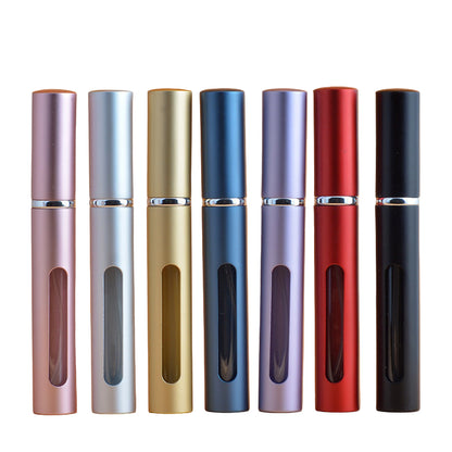 Frasco recargable de perfume de 5 ml con botella interior de vidrio y funda de aluminio, diseño compacto y resistente disponible en varios colores para uso portátil diario.