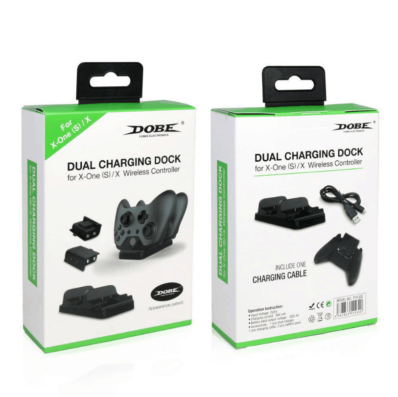Kit de carga dual para mandos Xbox One con base USB, dos baterías recargables y diseño compacto en ABS para sesiones de juego continuas y uso diario.