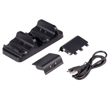 Kit de carga dual para mandos Xbox One con base USB, dos baterías recargables y diseño compacto en ABS para sesiones de juego continuas y uso diario.