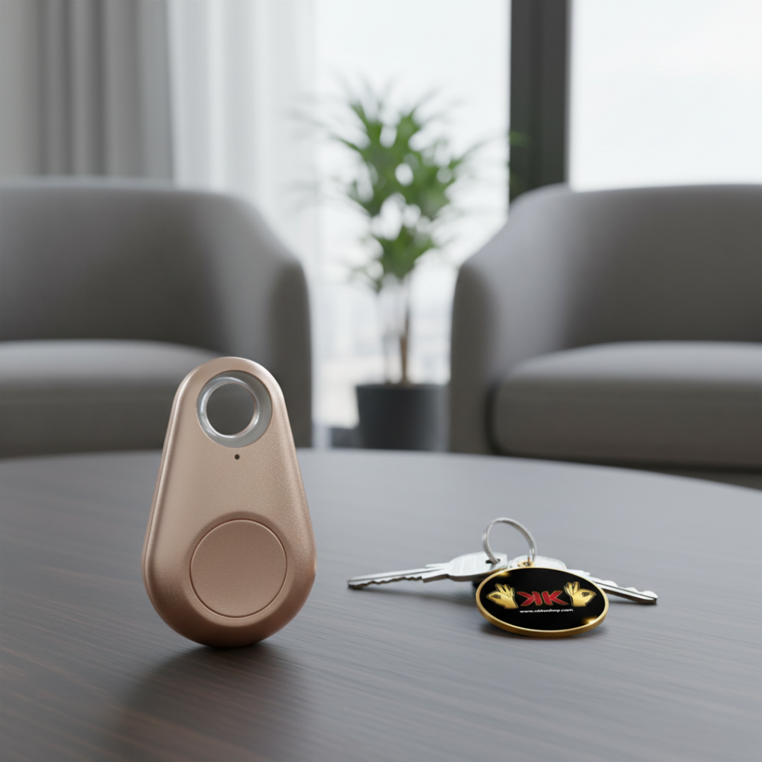 Localizador inteligente Bluetooth antipérdida en plástico ABS, compacto y ligero, color negro, visto en primer plano.