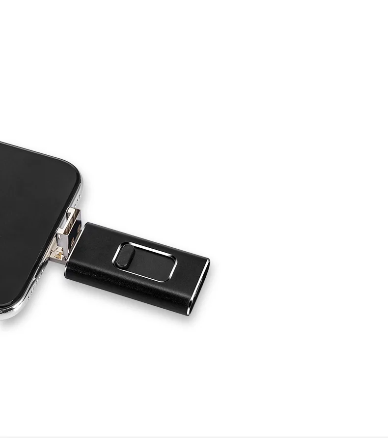 Memoria USB multifunción 4 en 1 con conectores Lightning, Micro USB, Type-C y USB para transferencia y almacenamiento de datos en múltiples dispositivos.