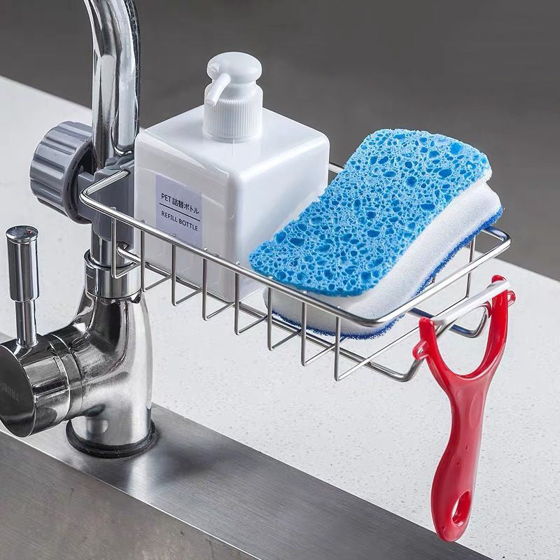 Organizador ajustable de fregadero en acero inoxidable y ABS para utensilios, esponjas y jabones.