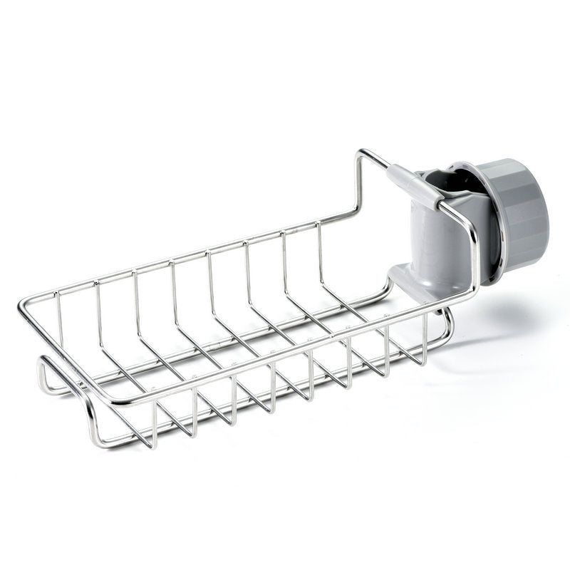 Organizador ajustable de fregadero en acero inoxidable y ABS para utensilios, esponjas y jabones.