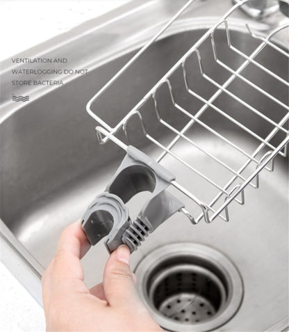 Organizador ajustable de fregadero en acero inoxidable y ABS para utensilios, esponjas y jabones.