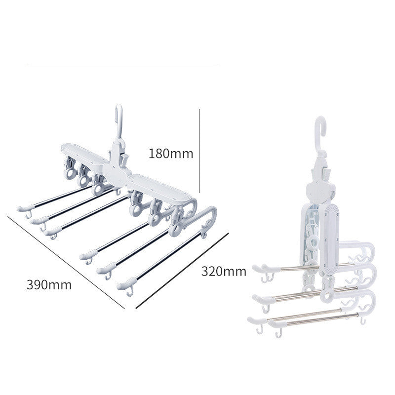 Perchero plegable de metal con diseño retráctil y antideslizante, apto para organizar múltiples prendas y ahorrar espacio en armarios domésticos o comerciales.
