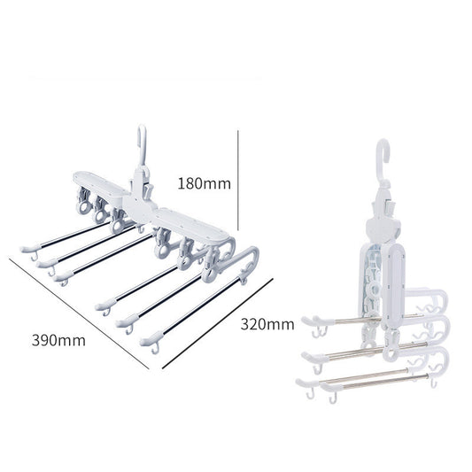 Perchero plegable de metal con diseño retráctil y antideslizante, apto para organizar múltiples prendas y ahorrar espacio en armarios domésticos o comerciales.