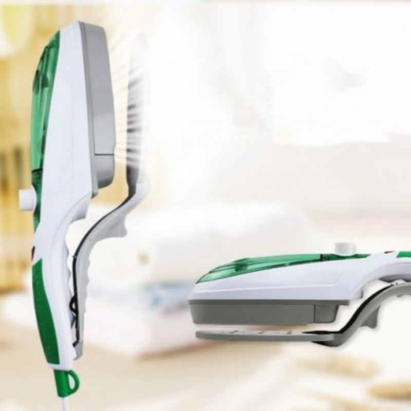 Plancha de vapor portátil con cepillo integrado para eliminar arrugas de forma rápida en viajes o uso doméstico.