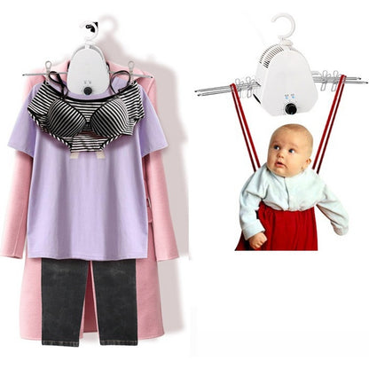 Secador eléctrico portátil de 350W con estructura plegable, modos de aire caliente y frío, temporizador digital y capacidad de 5–10 kg para secado rápido de ropa en espacios reducidos o viajes.