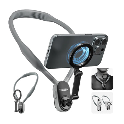 Soporte magnético para móvil tipo collar con 16 imanes de neodimio, diseño de silicona ergonómica y compatibilidad universal para grabación en perspectiva POV y uso manos libres.