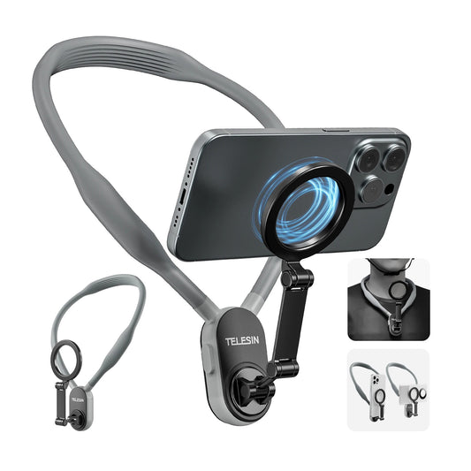 Soporte magnético para móvil tipo collar con 16 imanes de neodimio, diseño de silicona ergonómica y compatibilidad universal para grabación en perspectiva POV y uso manos libres.