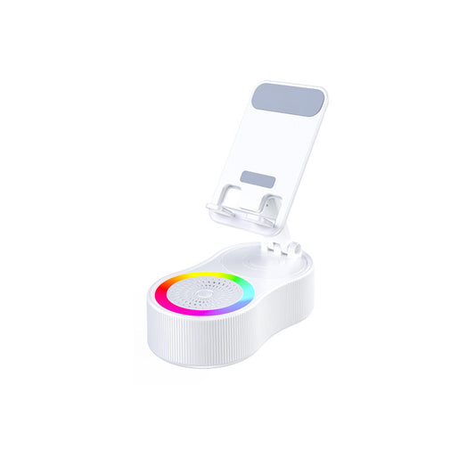 Soporte multifuncional blanco con altavoz Bluetooth, luz RGB, batería interna y base ajustable para teléfonos y tablets.