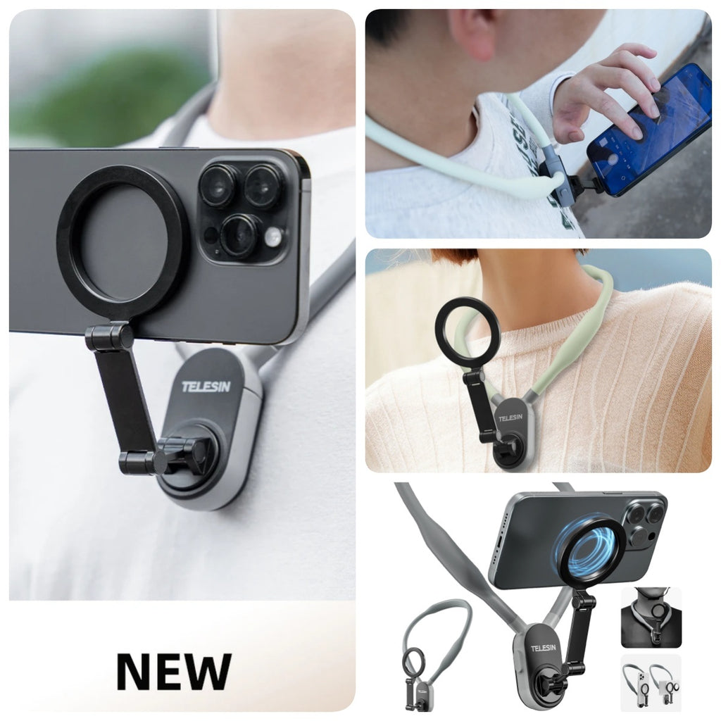 Soporte magnético para móvil tipo collar con 16 imanes de neodimio, diseño de silicona ergonómica y compatibilidad universal para grabación en perspectiva POV y uso manos libres.