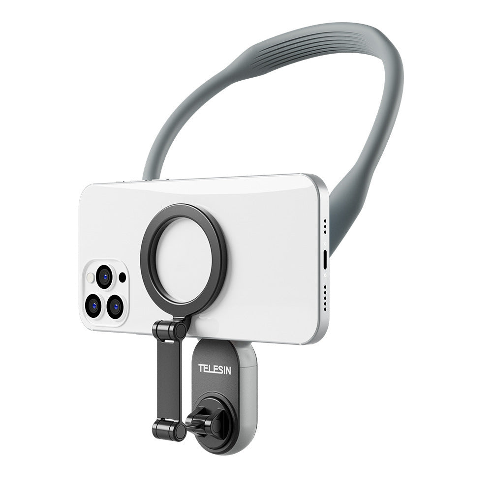 Soporte magnético para móvil tipo collar con 16 imanes de neodimio, diseño de silicona ergonómica y compatibilidad universal para grabación en perspectiva POV y uso manos libres.