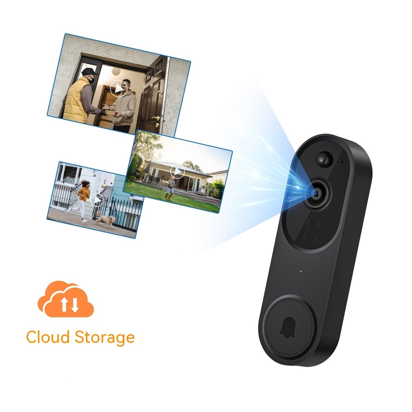 Timbre inteligente inalámbrico IP65 con cámara HD, visión nocturna, detección AI humanoide, comunicación bidireccional y almacenamiento en la nube para vigilancia exterior.