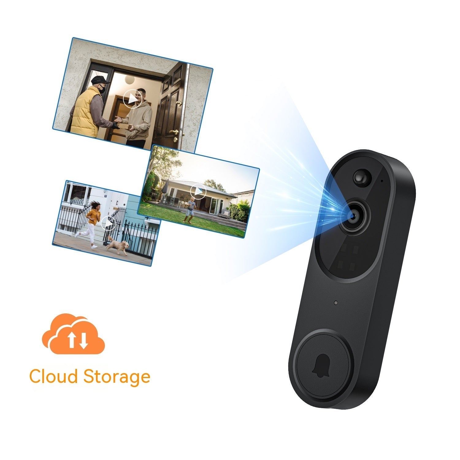 Timbre inteligente inalámbrico IP65 con cámara HD, visión nocturna, detección AI humanoide, comunicación bidireccional y almacenamiento en la nube para vigilancia exterior.