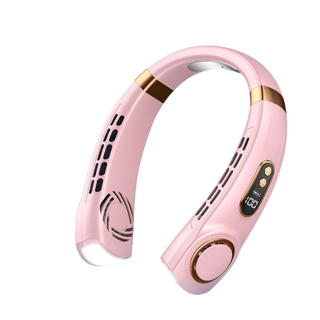 Ventilador portátil de cuello con cinco velocidades, carga USB o Tipo-C y luces LED multicolor para uso interior y exterior