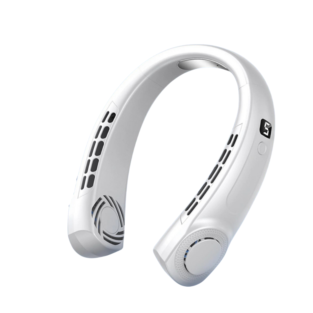 Ventilador portátil de cuello con cinco velocidades, carga USB o Tipo-C y luces LED multicolor para uso interior y exterior