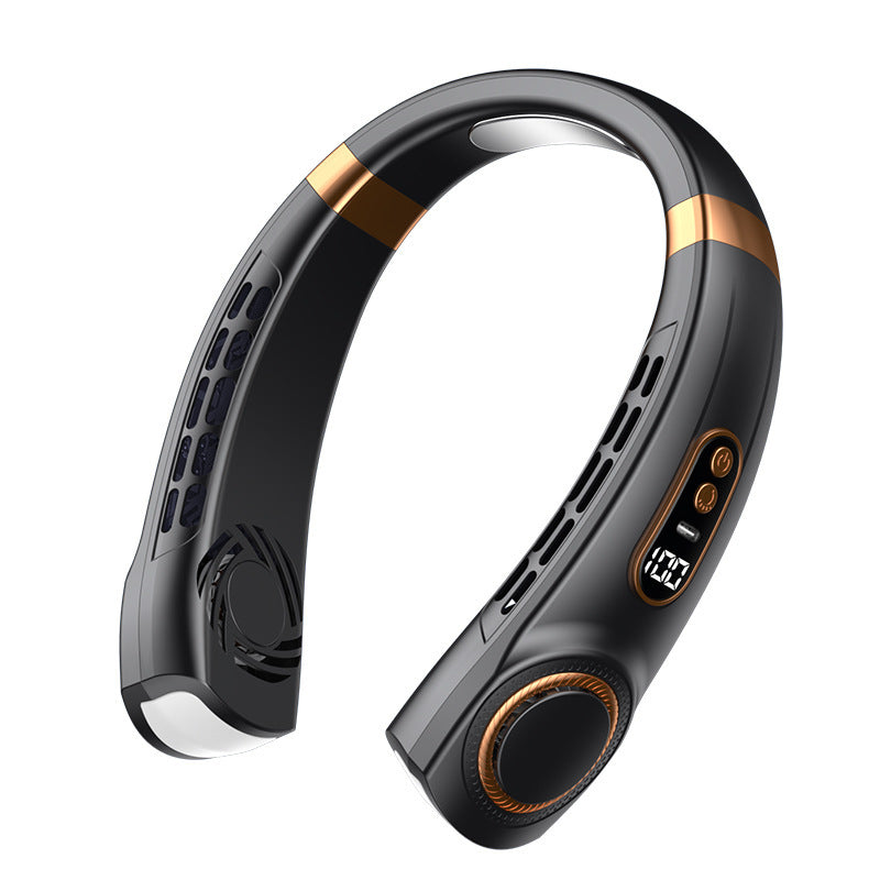 Ventilador portátil de cuello con cinco velocidades, carga USB o Tipo-C y luces LED multicolor para uso interior y exterior