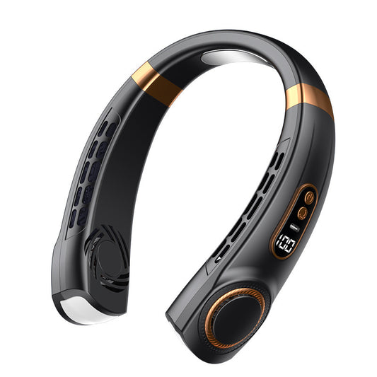 Ventilador portátil de cuello con cinco velocidades, carga USB o Tipo-C y luces LED multicolor para uso interior y exterior