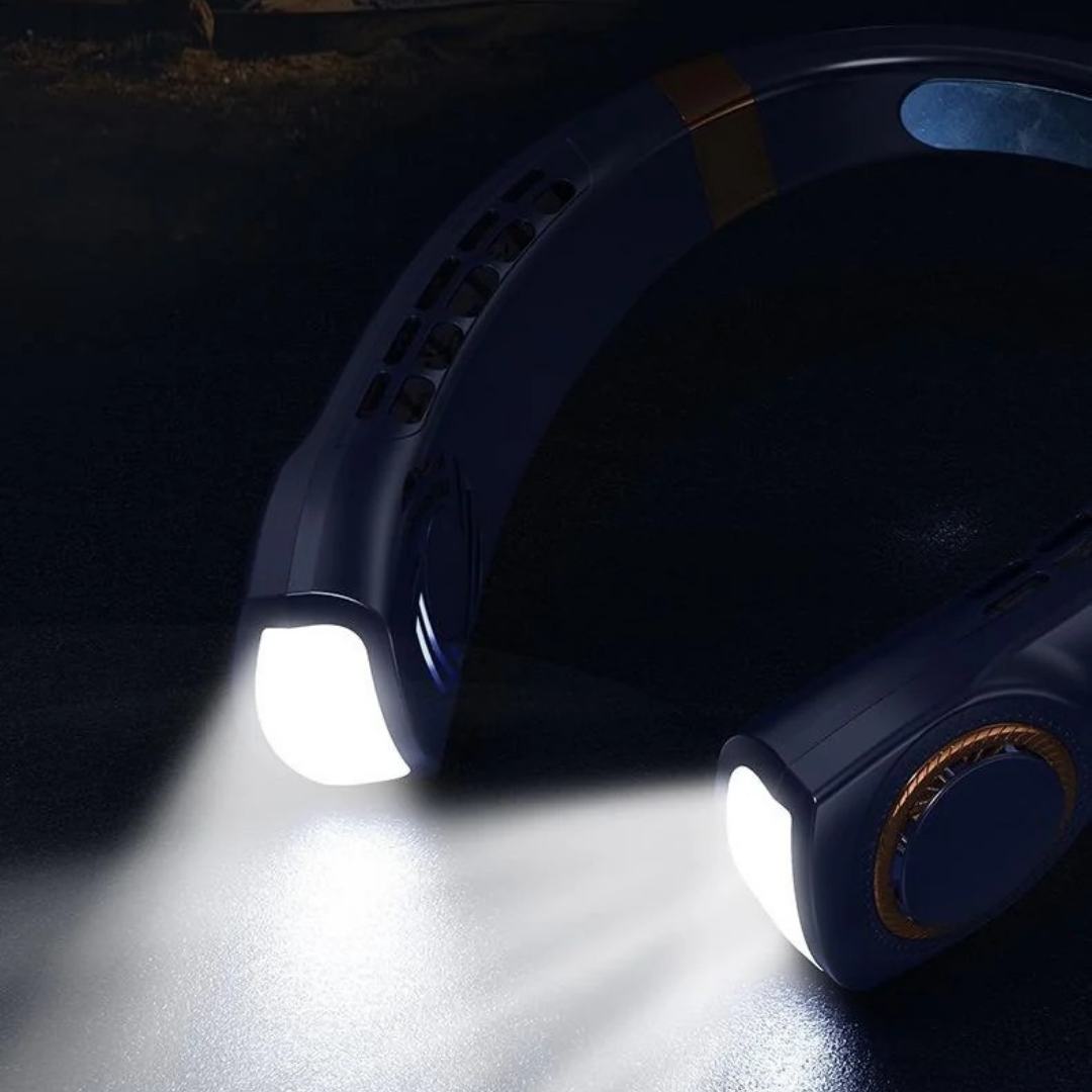 Ventilador portátil de cuello con cinco velocidades, carga USB o Tipo-C y luces LED multicolor para uso interior y exterior