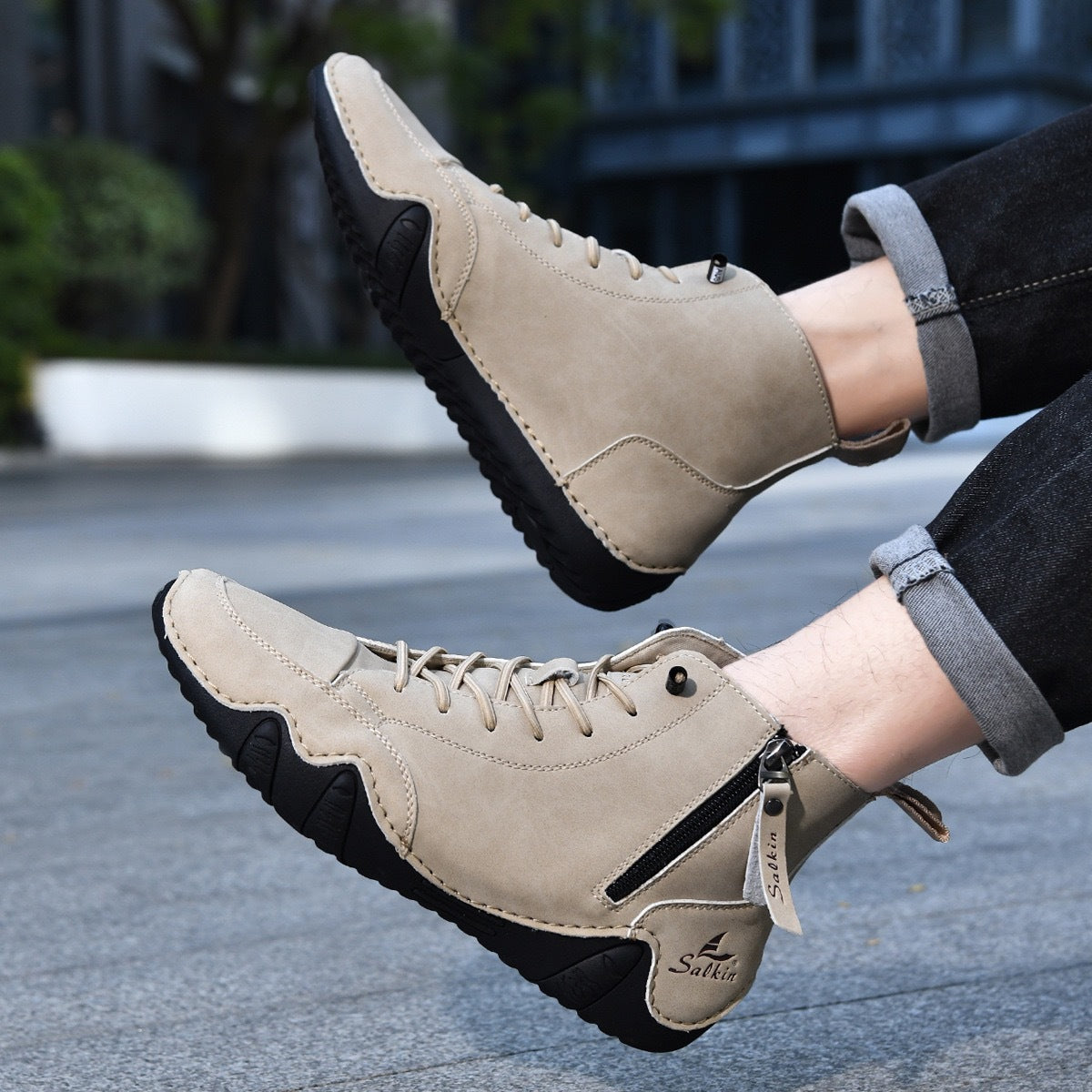 Botines altos de hombre en piel sintética — Estilo Martin artesanal con cremallera lateral