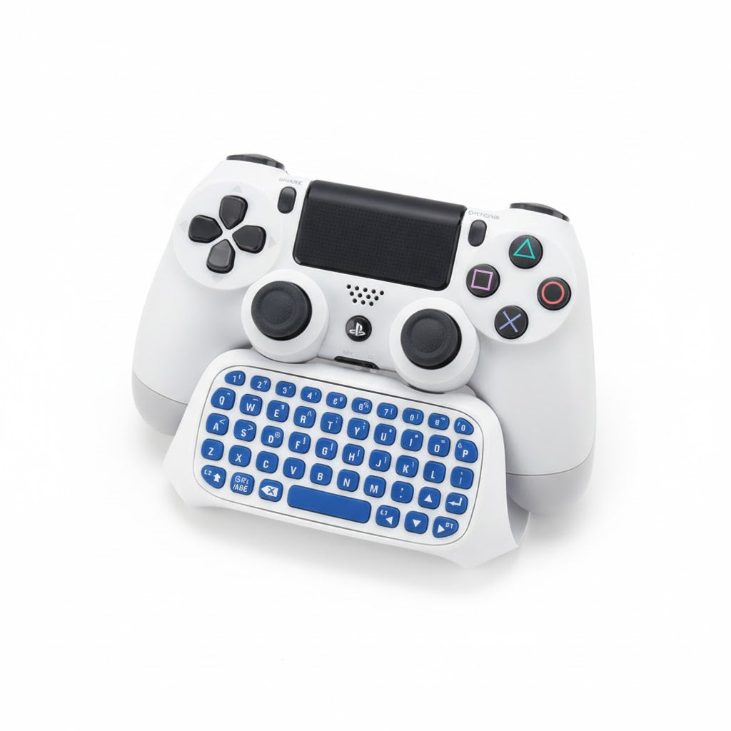Teclado Bluetooth integrado para mando PS4, diseño compacto en ABS con teclas dedicadas, batería de litio 200 mAh y conexión inalámbrica estable para mensajería y navegación.