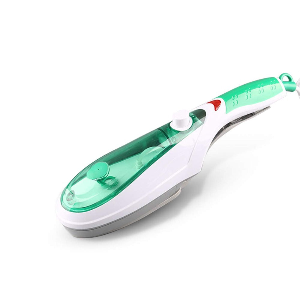 Plancha de vapor portátil con cepillo integrado para eliminar arrugas de forma rápida en viajes o uso doméstico.