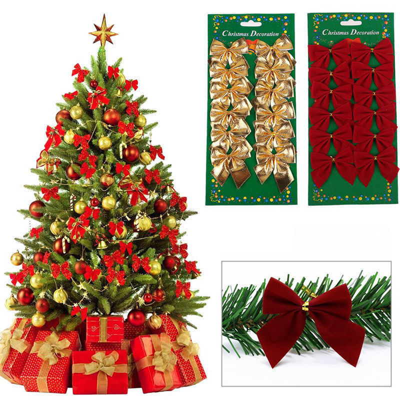 lazo decorativo navideño de poliéster con acabado brillante en tonos rojo, dorado o plateado para árboles y regalos
